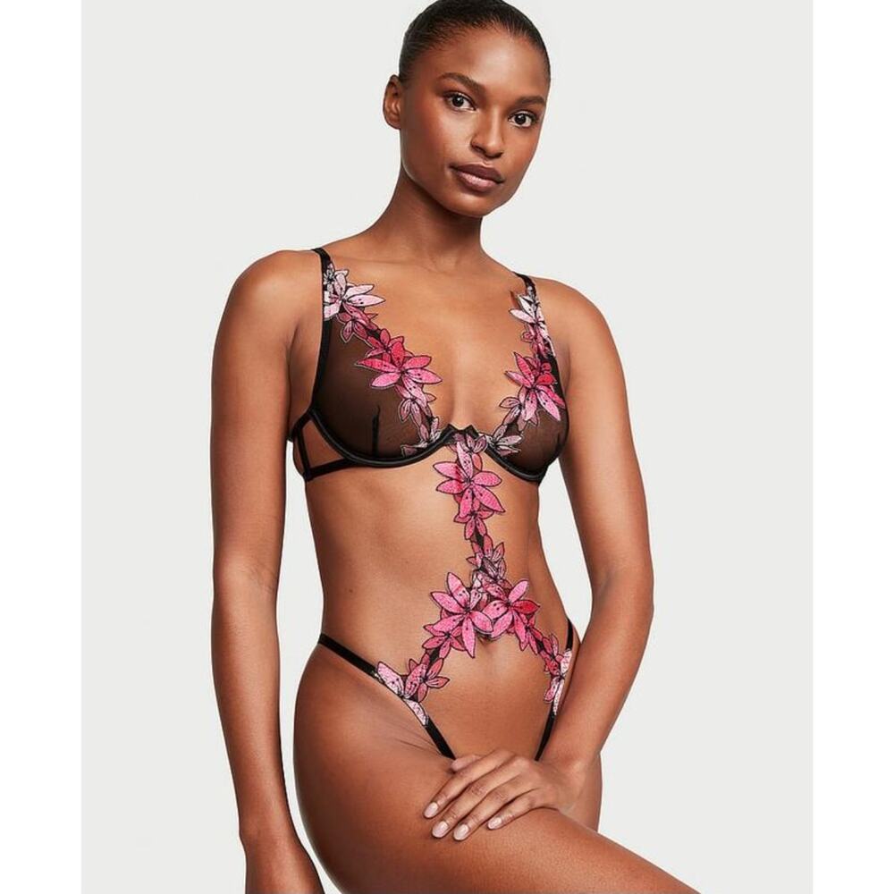 Victoria's Secret Black Pink Ziggy Glam Embroidery Unlined Cutout Teddy NWT M